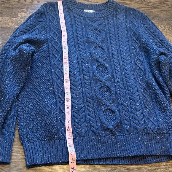 LL Bean Sweater Mens XL Regular Blue Fisherman Crewneck Cable Knit Organic